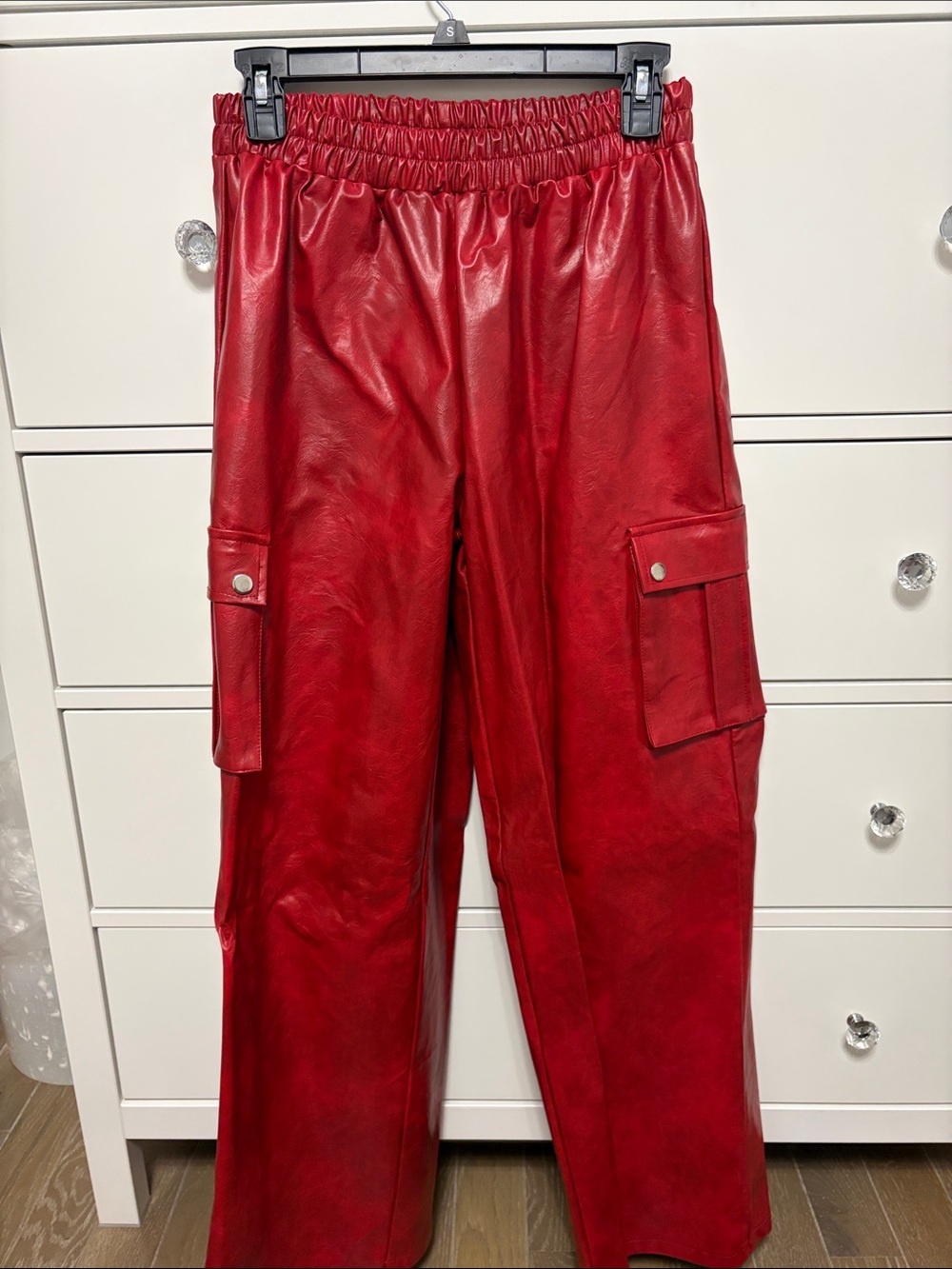 PrettyLittleThing Red Faux Leather Cargo Trousers